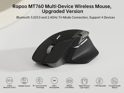 Ratón inalámbrico recargable multimodo Rapoo MT760L/MT760M, ergonómico, 4000 DPI, compatible con hasta 4 dispositivos, ratón Bluetooth