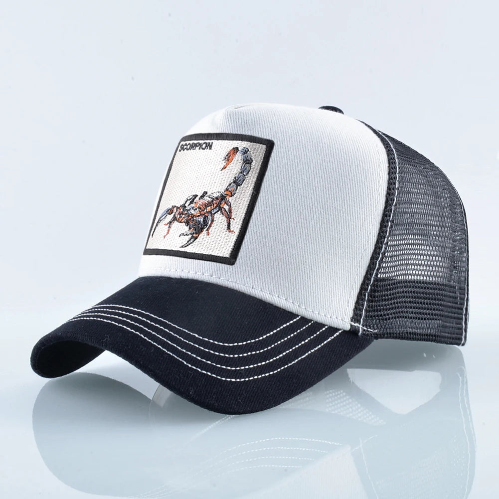 Unisex-trucker-lippalakki, jossa on brodeerattu skorpionimerkki. Miesten baseball-lippalakki, naisten snapback-lippalakki, hiphop-lippalakki, ulkoiluun sopiva hengittävä lippalakki