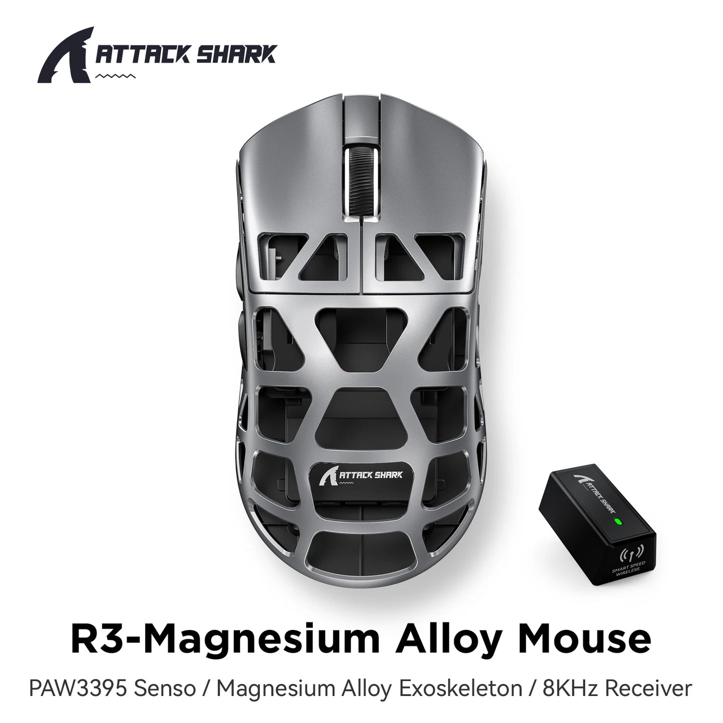 ATTACK SHARK R3 gamingmus i magnesiumlegering med bikakestruktur, ultralätt 8K Hz, PAW3395-sensor, 26000 DPI, ergonomiskt skal