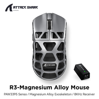 ATTACK SHARK R3 gamingmus i magnesiumlegering med bikakestruktur, ultralätt 8K Hz, PAW3395-sensor, 26000 DPI, ergonomiskt skal