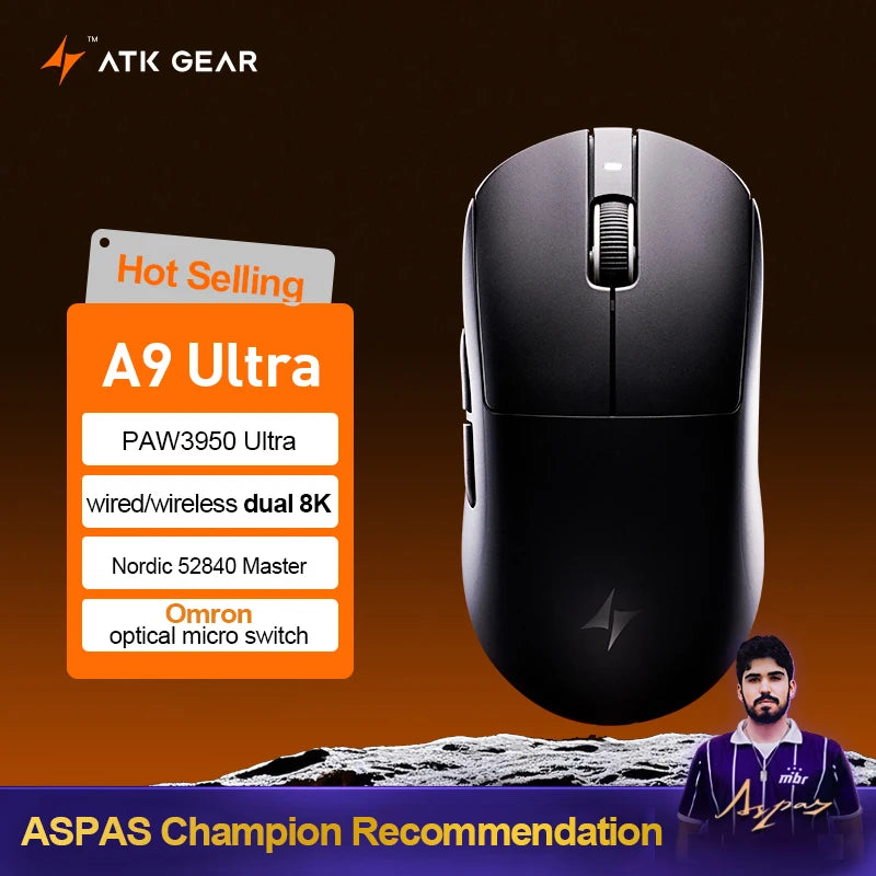 Безжична геймърска мишка ATK Dragonfly A9 Ultimate A9 Air PAW3950, ултралека ергономична e-sports мишка за FPS геймъри, CSGO A9 Ultra
