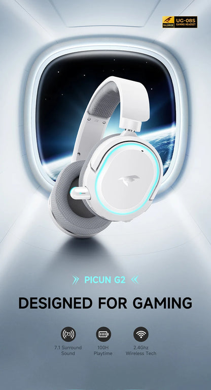 Auscultadores Gaming Sem Fios Picun G2 Bluetooth 5.3 – Som Surround 7.1, Baixa Latência de 5ms e Microfone ENC para PC, PS5, PS4, Switch e Mobile