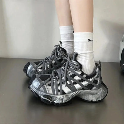 Spring Summer New Style Men Women Dad Shoes Thick Bottom Net Surface Sports Shoes Trendy Versatile Breathable Tie Shoes
