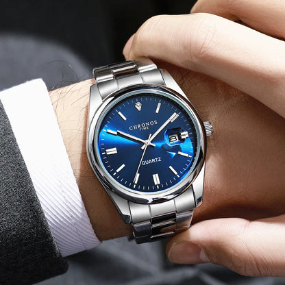 CHRONOS herenpolshorloge – Luxemerk, waterdicht, verlicht, met datumweergave, van roestvrij staal, met quartz-uurwerk.