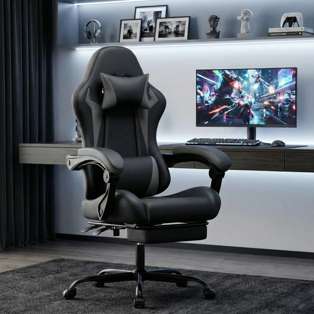 Gaming Chair Ergonomic Gaming Chair with Lumbar Pillow and Headrest, Gamer Chair Height Adjustable, PC Chair for Adults Girls Boys, Black Grey