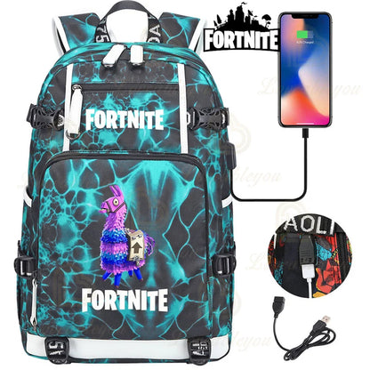Red Jade F-Fortnited Battle Royale Backpack with USB Charging Anime Figures Study Stationery Compartment for Students Mochila