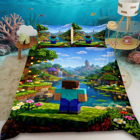 Minecraft 2/3pcs Duvet Cover Cute Cartoon Game Quilt Cover Bedding Set with 1/2 Pillocase Gifts Bedroom Dormitory
