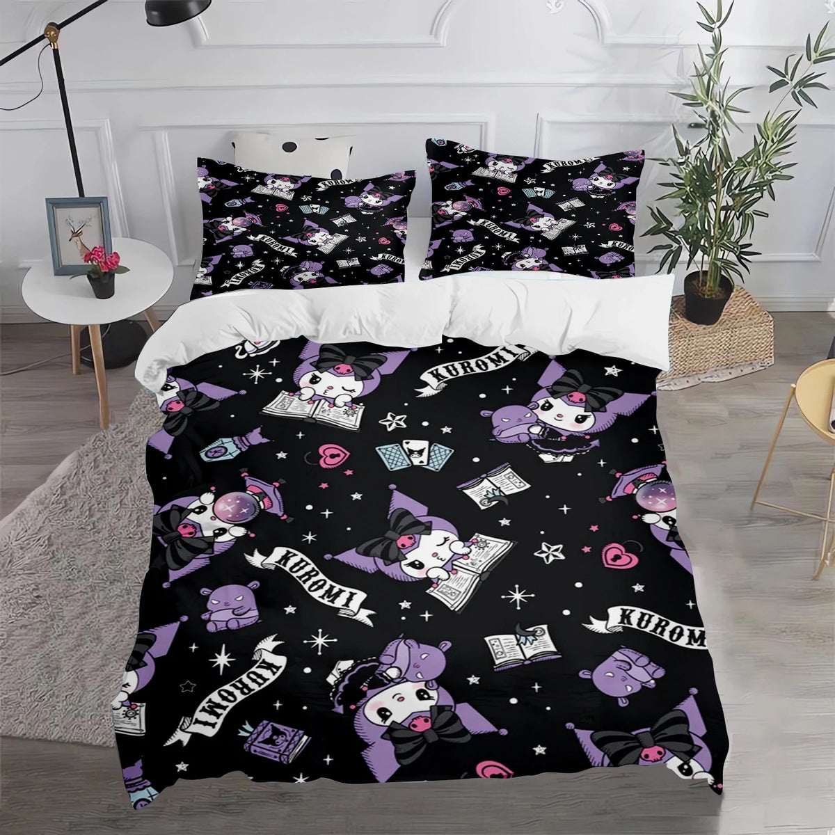 Ensemble de literie Kuromi : housse de couette et taie d'oreiller mignonnes, pour chambre d'enfant (garçon ou fille), décoration de chambre, cadeau pour enfants, taille simple, double ou grande
