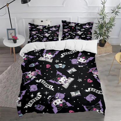 Ensemble de literie Kuromi : housse de couette et taie d'oreiller mignonnes, pour chambre d'enfant (garçon ou fille), décoration de chambre, cadeau pour enfants, taille simple, double ou grande