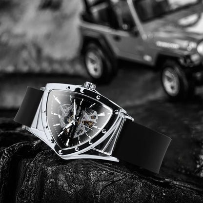 Montre automatique pour homme WINNER, design squelette triangulaire, aiguilles luminescentes, bracelet en caoutchouc, style militaire, montre mécanique de luxe