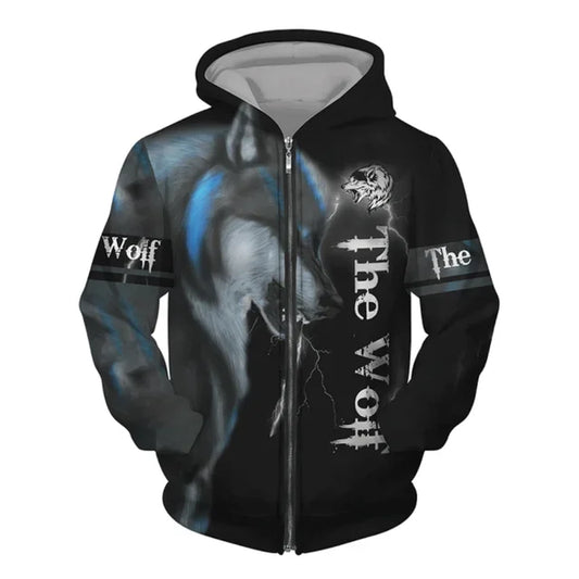 New 3D Wolf Print Men's Hooded Sweatshirt Street Punk Style Zip-up Jumper Oversized Jacket Coat Stylish Vintage Clothes Zip Coat