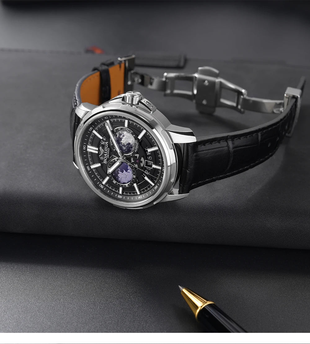 Relógio mecânico masculino totalmente automático BORIAGE(BOAIJIUA) — design original, resistente à água e luminoso