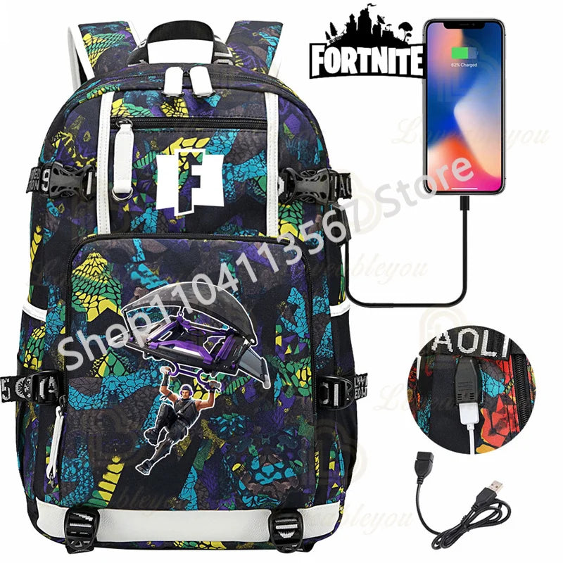 Red Jade F-Fortnited Battle Royale Backpack with USB Charging Anime Figures Study Stationery Compartment for Students Mochila