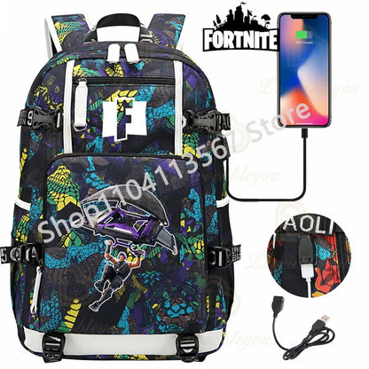Red Jade F-Fortnited Battle Royale Backpack with USB Charging Anime Figures Study Stationery Compartment for Students Mochila