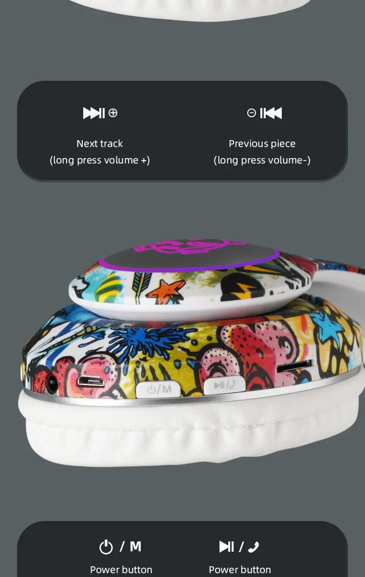 Auscultadores Gaming Bluetooth Sem Fios New Graffiti LX-8686 com Microfone, Iluminação LED, Suporte para Cartão TF, Graves Profundos e Design Over-Ear para PC, Gaming e Crianças