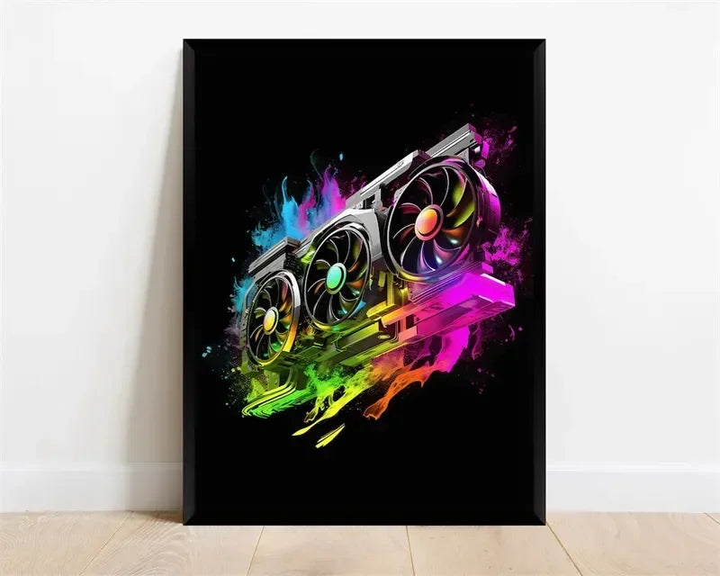 Póster Néon de Personagem de Videojogo com Gamepad, Auscultadores, Futebol e Basquetebol em Tela — Arte de Parede para Decoração de Quarto Gaming