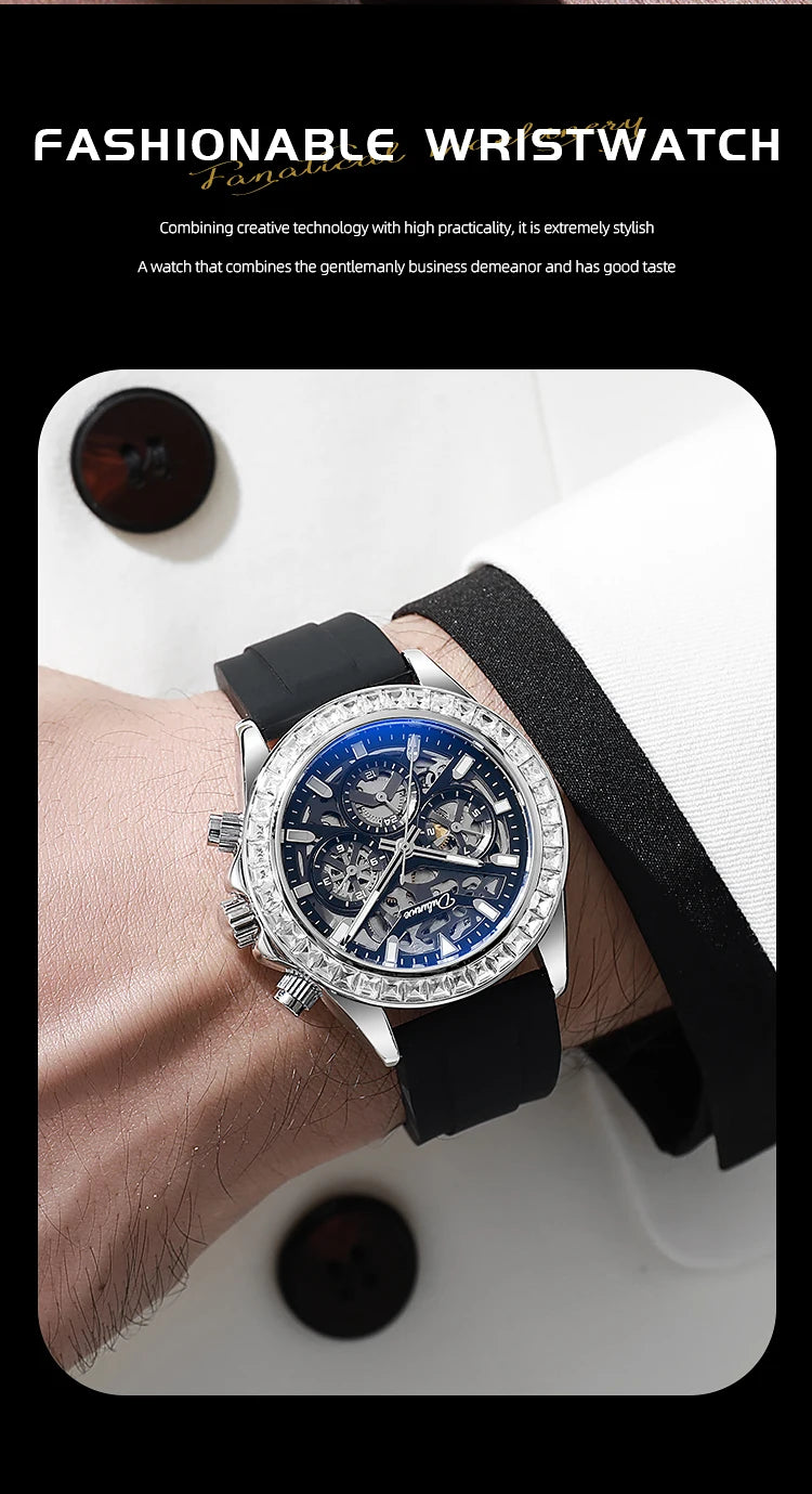Diamond Bezel Stainless Steel Automatic Watch Fashion Mulitfunction Waterproof Luminous Mechanical Watches for Men