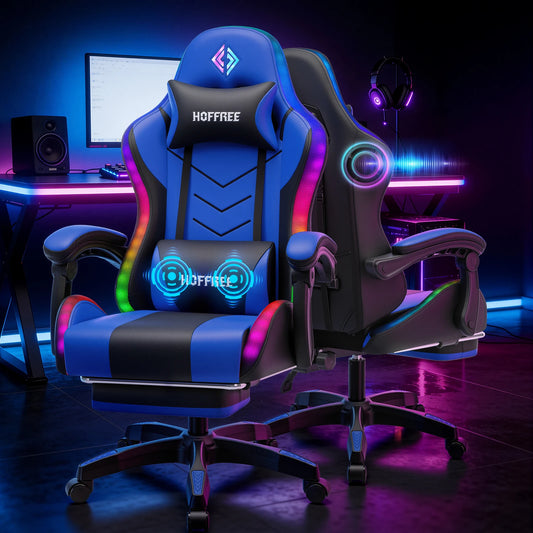 300lbs Gaming Chair with Music Rhythm RGB LED Lights and Wireless Speakers Ergonomic Massage Computer Gaming Chair with Footrest