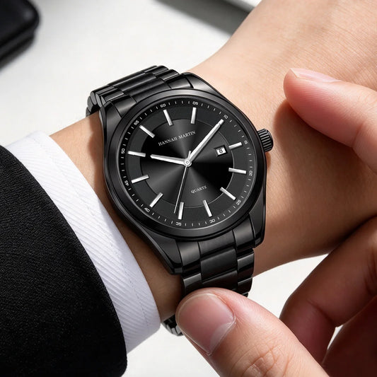 Montre à quartz HANNAH MARTIN, 40 mm, pour homme, bracelet en acier inoxydable noir, étanche 3 bars, style sport-chic