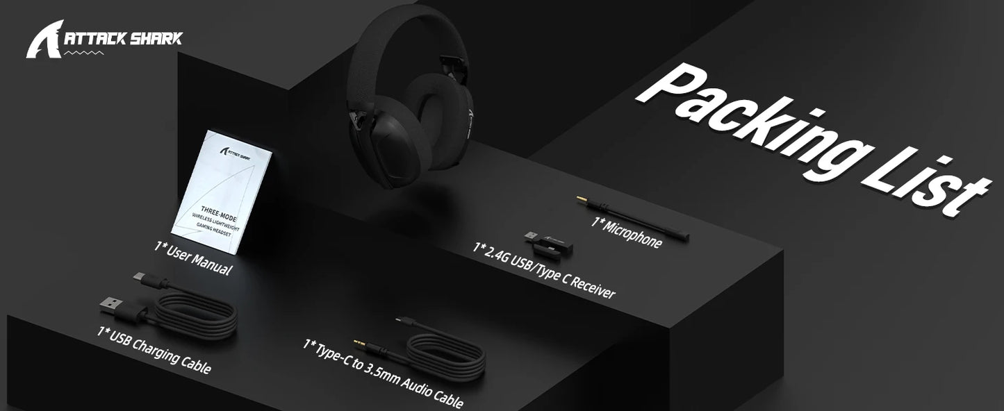 Headset Gaming ATTACK SHARK L80 Ultra-Leve 180g – Sem Fios Tri-Mode (Bluetooth 5.3 / 2.4G / Com Fio), Som Surround 5.1, Drivers de 40mm, Microfone Removível