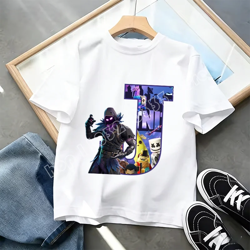 Μπλουζάκι Fortnite με στάμπα αλφαβήτου A-Z για παιδιά, καλοκαιρινό, λευκό, δημοφιλές cartoon game, casual κοντομάνικο τοπ μόδας, ιδανικό για δώρο