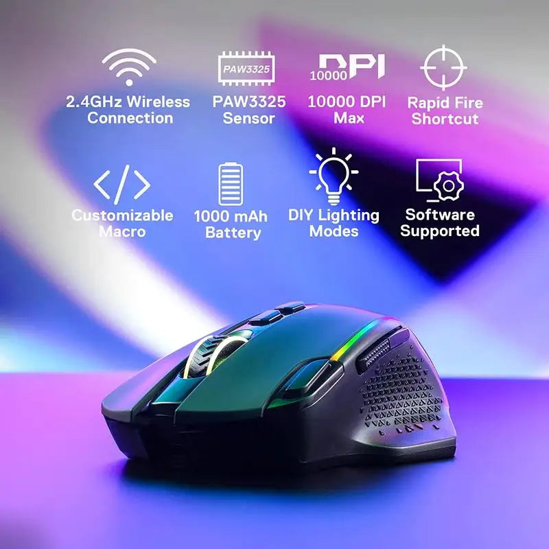 Redragon M810 Pro безжична геймърска мишка, 10000 DPI жична геймърска мишка с бутон Rapid Fire, 8 макро бутона, черно-бяла мишка