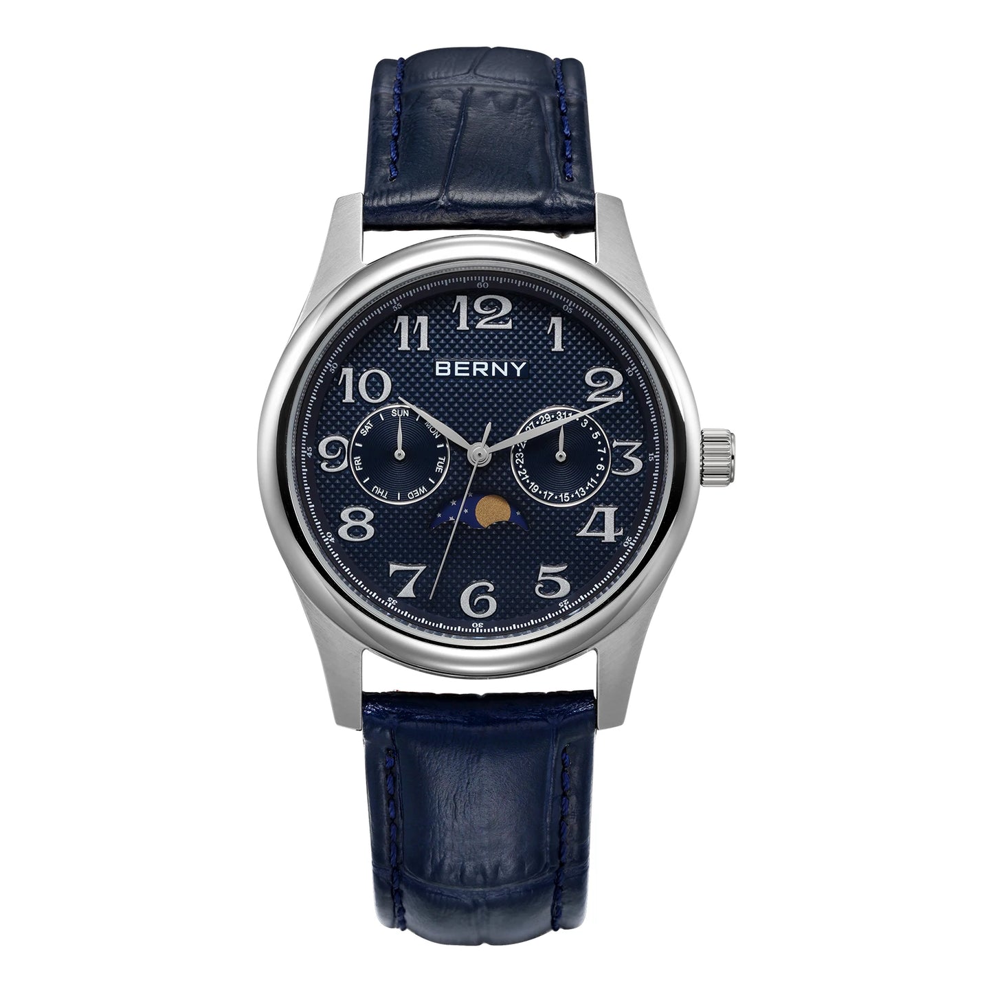 BERNY Watches for Men Moon Phase Quartz Men's Watch Day and Date Calendar Easy Read Vintage-Style Business Dress Wristwatch