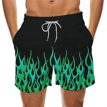Hawaiian Style Beach Shorts For Men Flame Graphic 3D Print Board Shorts Summer Casual Drawstring Waist Party Beachwear Bottoms