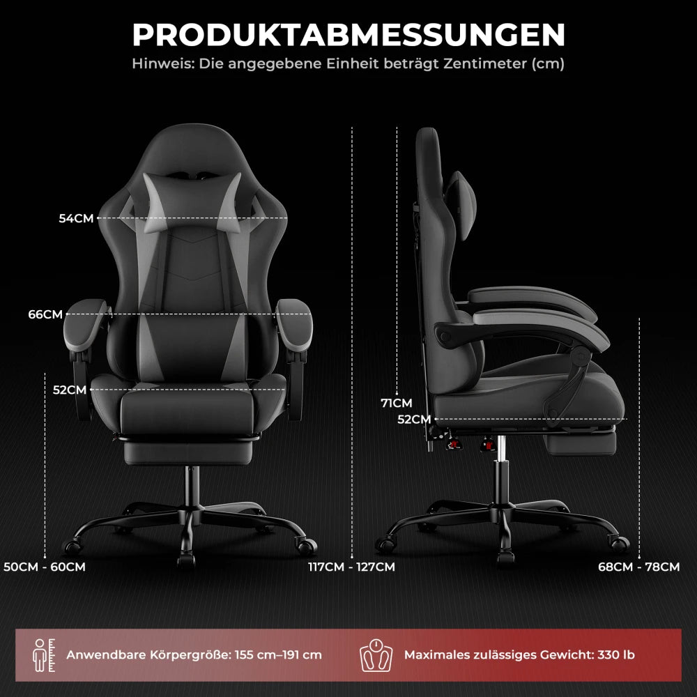 Gaming Chair Ergonomic Gaming Chair with Lumbar Pillow and Headrest, Gamer Chair Height Adjustable, PC Chair for Adults Girls Boys, Black Grey