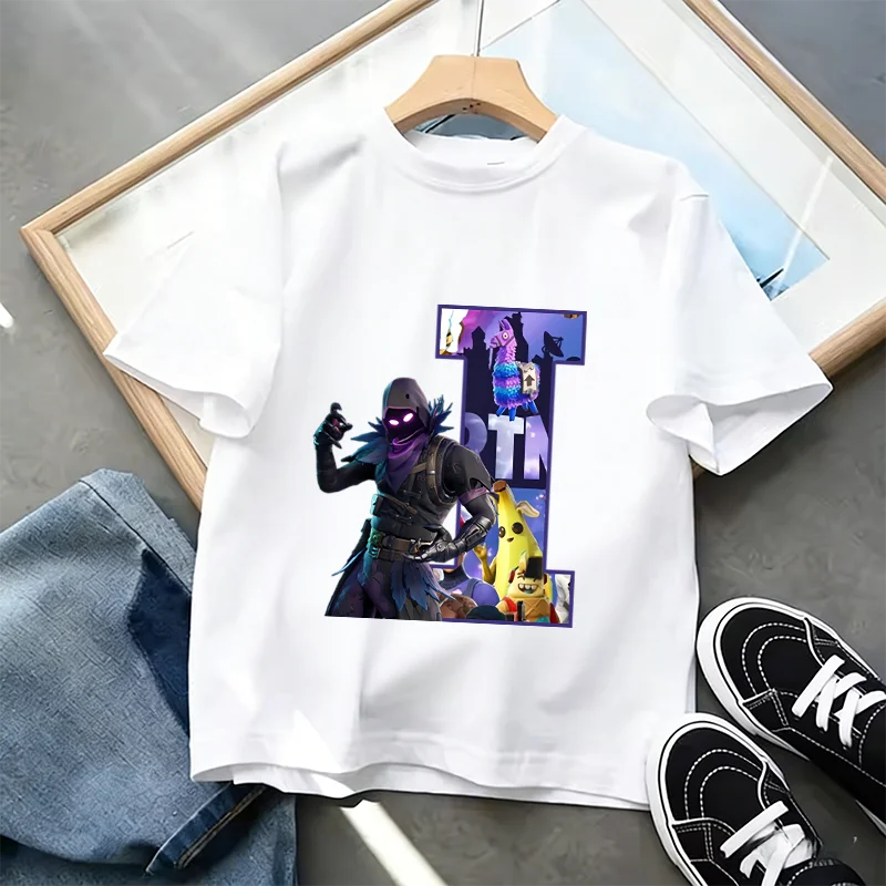 Μπλουζάκι Fortnite με στάμπα αλφαβήτου A-Z για παιδιά, καλοκαιρινό, λευκό, δημοφιλές cartoon game, casual κοντομάνικο τοπ μόδας, ιδανικό για δώρο