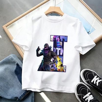 Μπλουζάκι Fortnite με στάμπα αλφαβήτου A-Z για παιδιά, καλοκαιρινό, λευκό, δημοφιλές cartoon game, casual κοντομάνικο τοπ μόδας, ιδανικό για δώρο