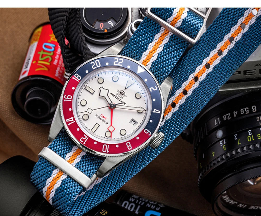 ADDIESDIVE GMT Quartz Watches Bubble Mirror Glass AD2044 Men's Sport Diver Watch 20Bar Waterproof Super Luminous Man WristWatch