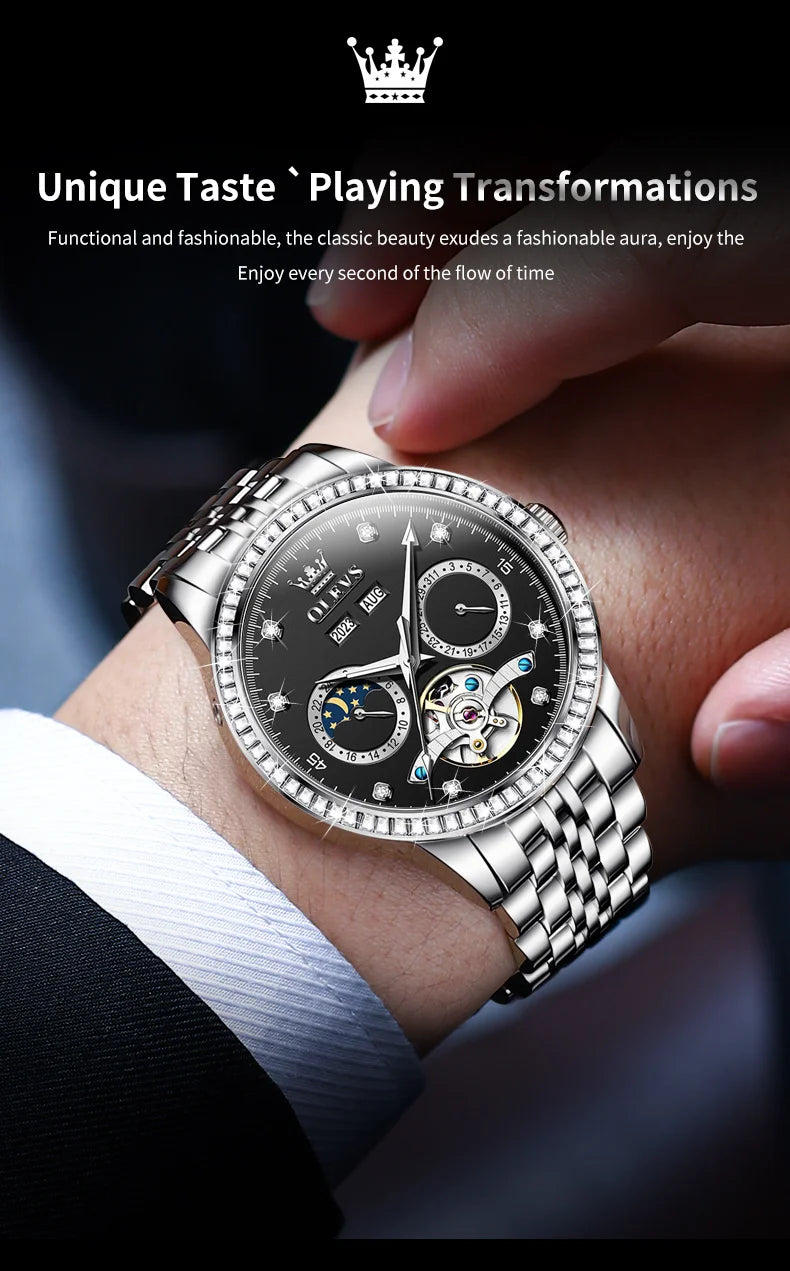 OLEVS 7016 Luxury Automatic Watch Men Skeleton Tourbillon Moon Phase Calendar Waterproof Stainless Steel Mechanical Wristwatch