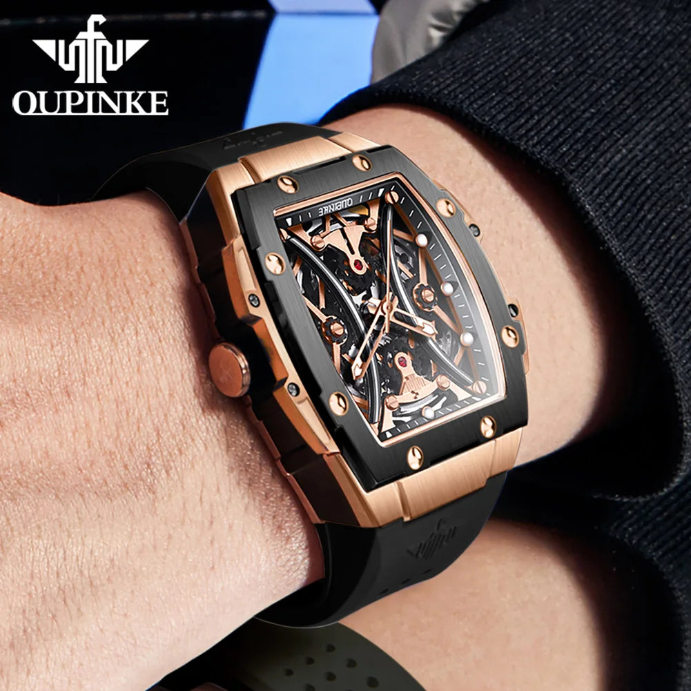 OUPINKE Herrenuhr – klassische Luxus-Armbanduhr mit Tonneau-Zifferblatt, Original-Topmarke, automatische mechanische Uhr, Silikonarmband, Saphirglas, neu