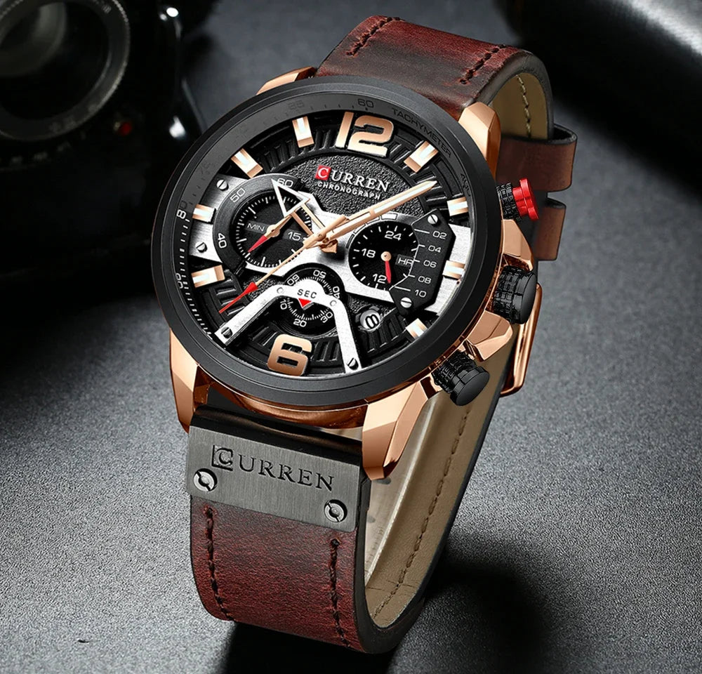 Ceas pentru bărbați CURREN 8329 – Stil sportiv casual, design militar, curea din piele, cronograf la modă, ceas de lux de la o marcă renumită