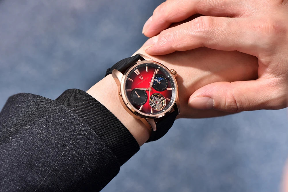 PAGANI DESIGN – Luxusné mechanické pánske hodinky, 41 mm, zafírové sklo, kožený remienok, vodotesné, v štýle pilotných hodín, s tourbillonom a fázou mesiaca