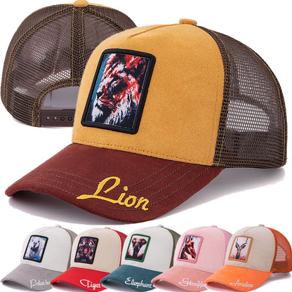 Gorra de malla unisex con parche con diseño de león, de ante, para mujer y hombre, gorra de béisbol de verano con motivos animales, gorra de camionero de moda