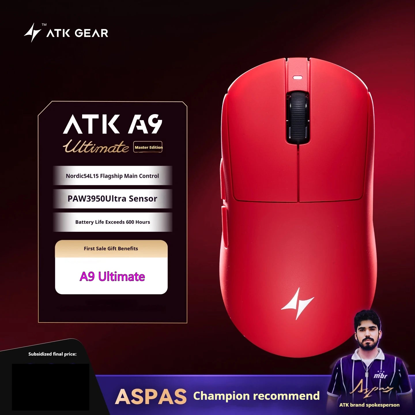 Mouse Gaming Wireless ATK A9 Plus A9/A9 SE/A9 Pro Tri-Mode 8K, Leggero, A9 Ultimate per E-sport e PC, Regalo Personalizzato