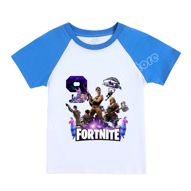 T-shirt infantil Fortnite Números 0-9, estampado cartoon de jogo, algodão puro, manga curta, top desportivo casual para menino e menina, presente de vestuário