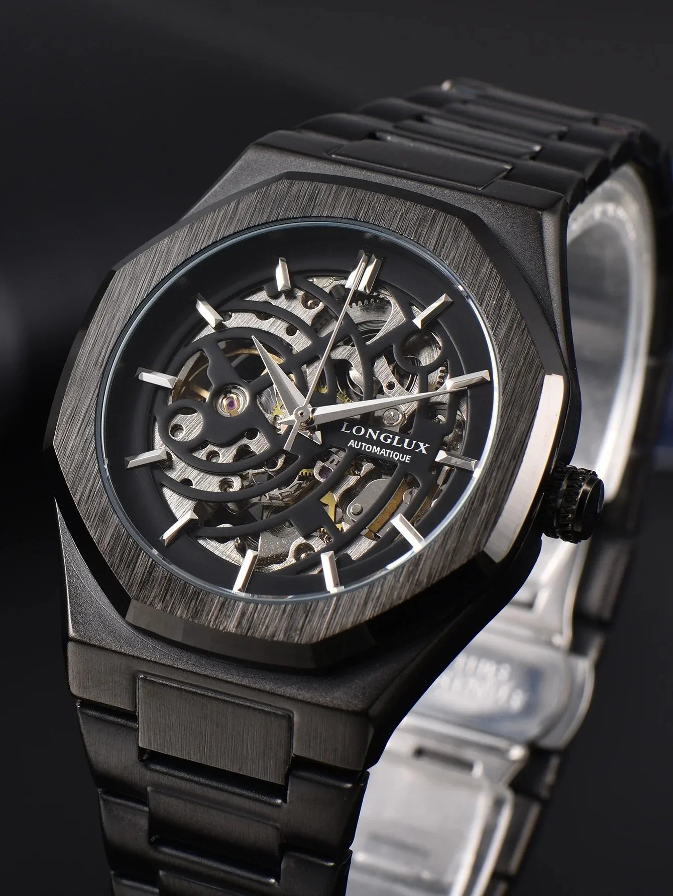 LONGLUX automatic watch business mechanical watches simple skeleton waterproof stainless steel cost effective mens watch gift