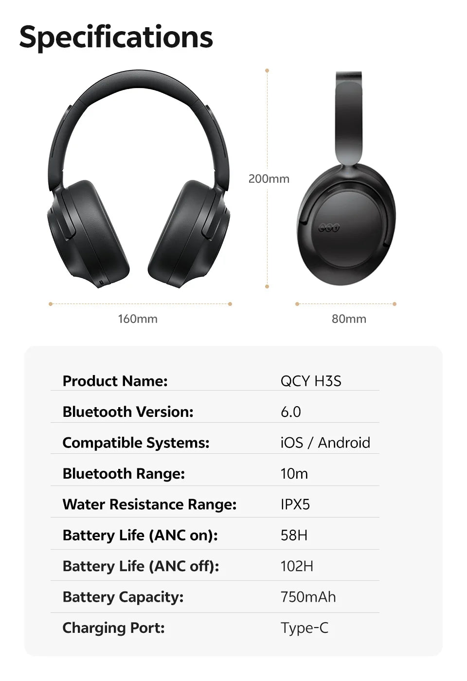 Casque sans fil Bluetooth 6.0 QCY BH25H3SA avec audio spatial 3D, réduction de bruit active adaptative -56 dB, haut-parleur de 53 mm, casque pliable supra-auriculaire