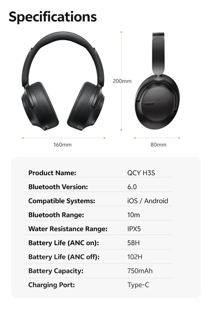 Casque sans fil Bluetooth 6.0 QCY BH25H3SA avec audio spatial 3D, réduction de bruit active adaptative -56 dB, haut-parleur de 53 mm, casque pliable supra-auriculaire