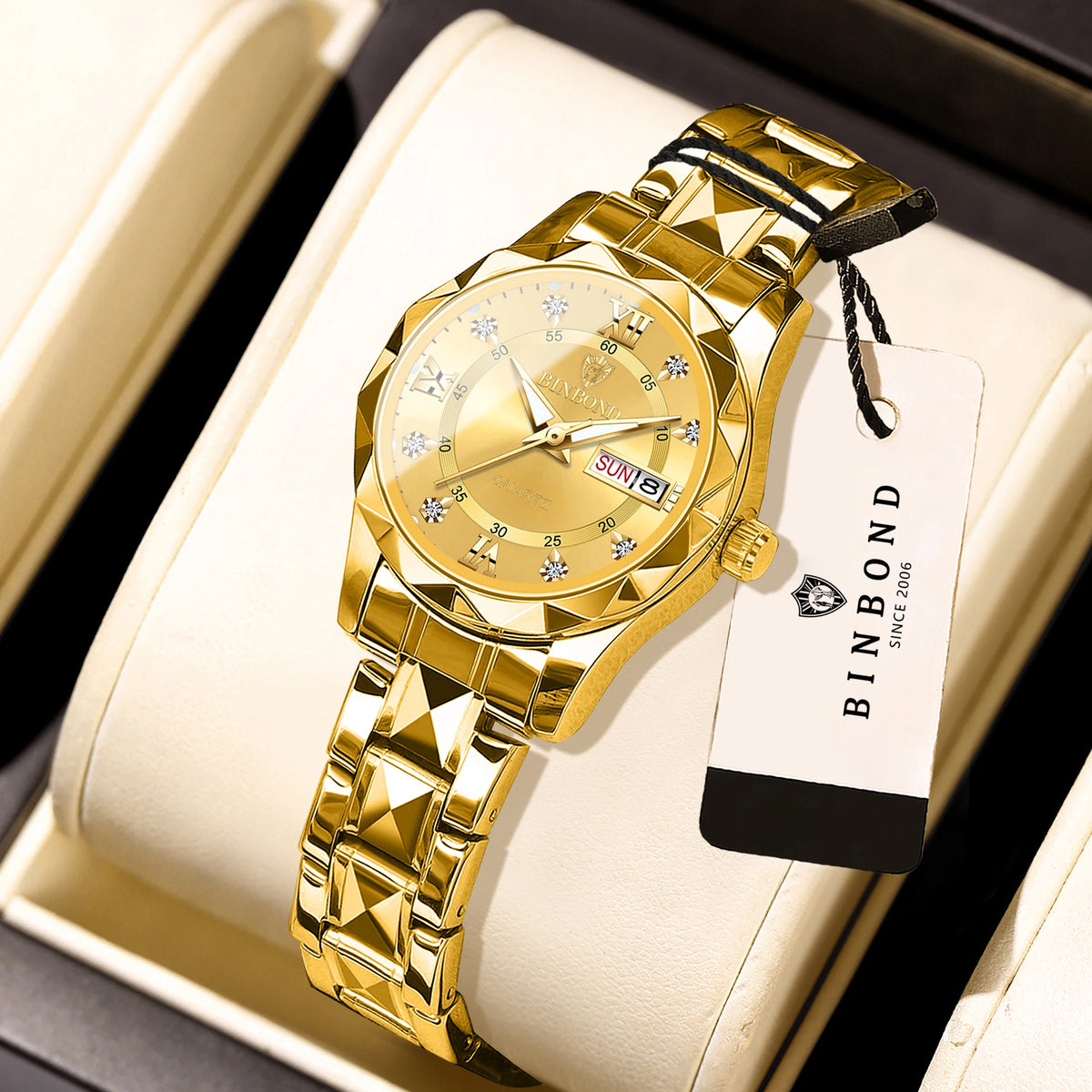 BINBOND ladies’ watch: a robust, luxurious, luminescent and water-resistant quartz watch, featuring an accurate date and day-of-the-week display.