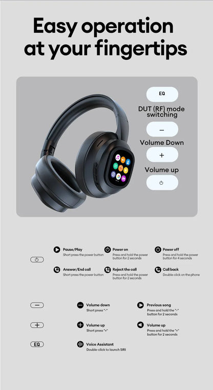 KI-LCD-Touchscreen kabellose Bluetooth-Kopfhörer – ANC-Geräuschunterdrückung, tiefer Bass, Gaming-Headset mit HD-Mikrofon
