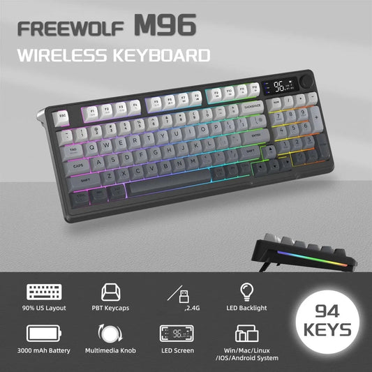 FREEWOLF M96 Wireless Keyboard Knob Control BT/2.4g/Wired, RGB LED Backlight Display, PBT Keycap, 3000mA Battery for PC/Laptop