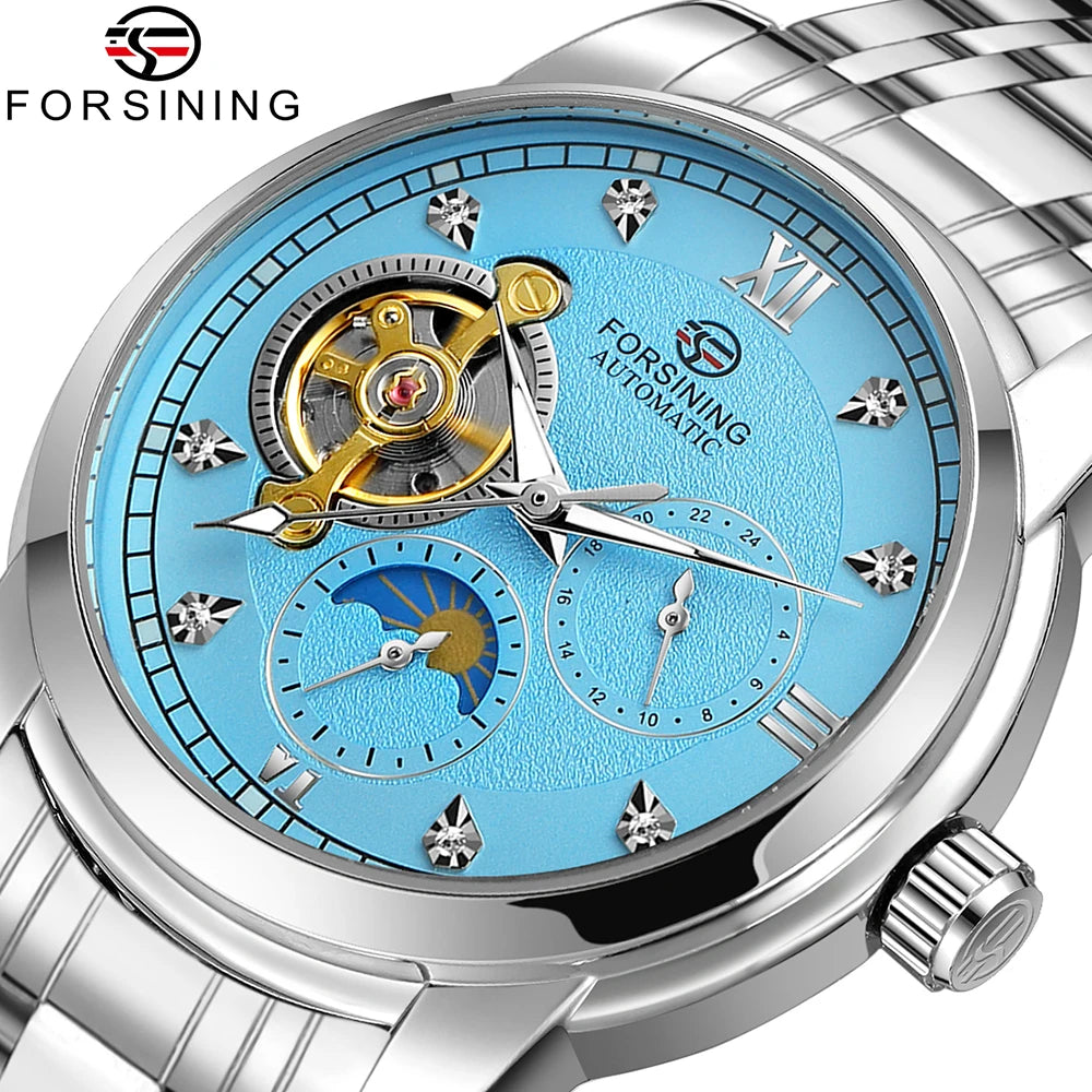Montre mécanique automatique pour homme Forsining – Style luxe, business et mode, bracelet en métal, tourbillon, aiguilles luminescentes, ornée de diamants artificiels