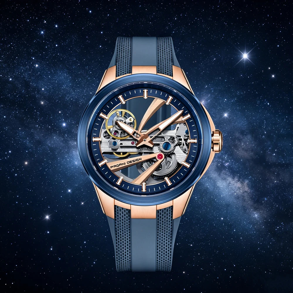 Montre pour homme PAGANI DESIGN – Modèle mécanique automatique de luxe, type « squelette » (à cœur ouvert), doté d’un tourbillon, verre saphir avec traitement antireflet, étanche et luminescent.