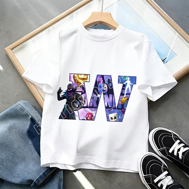 Μπλουζάκι Fortnite με στάμπα αλφαβήτου A-Z για παιδιά, καλοκαιρινό, λευκό, δημοφιλές cartoon game, casual κοντομάνικο τοπ μόδας, ιδανικό για δώρο