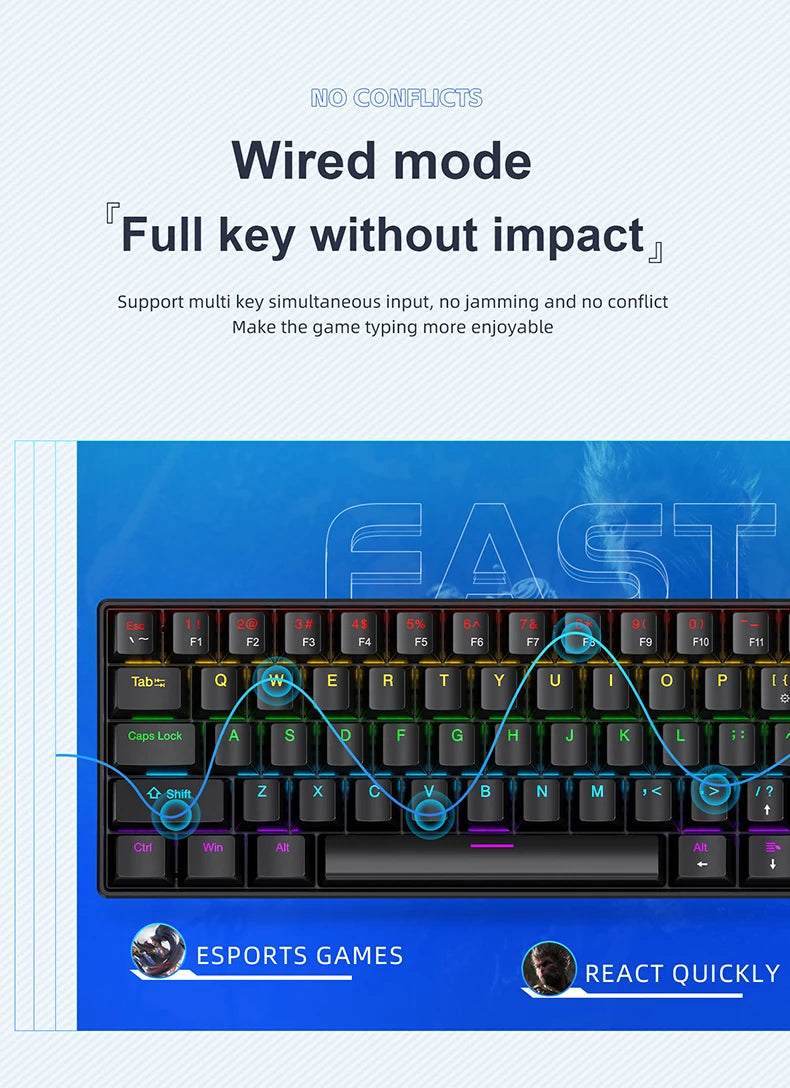 60% Portable Mini Keyboard APAYADO K61 Mechanical Keyboard Wired, 61 Keys RGB Black,White, Red/Blue Switch for Gaming