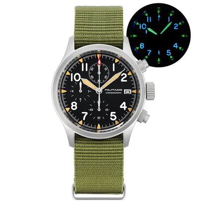 Reloj cronógrafo de cuarzo Militado VK61 VK67, 39 mm, caja de acero inoxidable 316L, 3 esferas, resistente al agua 100M, reloj militar multifunción